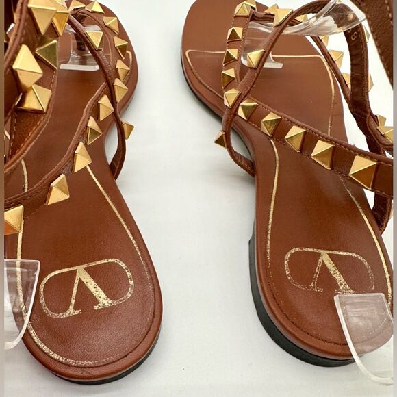 Valentino Garavani Rockstud Thong Sandals Brown Leather Gladiator Tie EU 38 US 8 - Picture 7 of 11